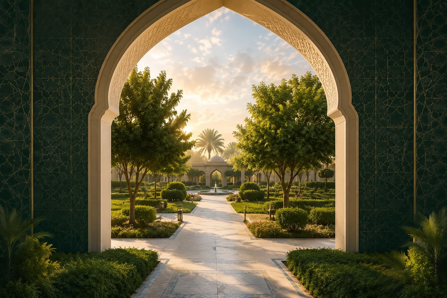 طريق مضيء عبر قوس إسلامي