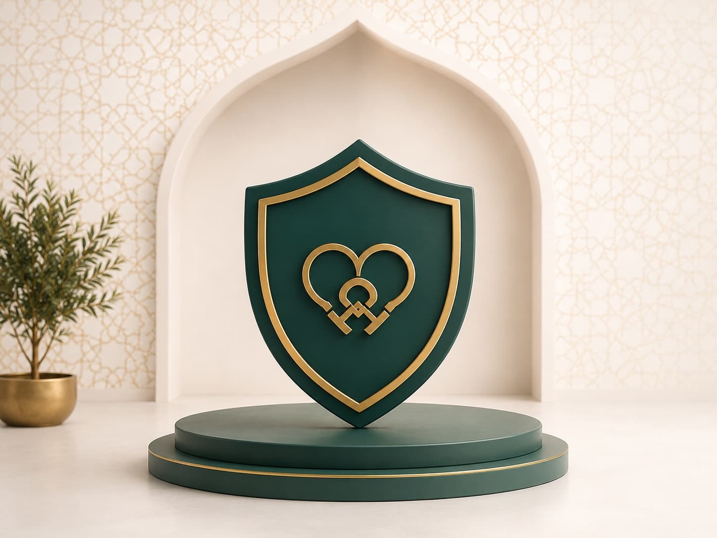 درع أخضر مع رمز قلب على منصة يرمز إلى الأمان والثقة في خطط الاشتراك